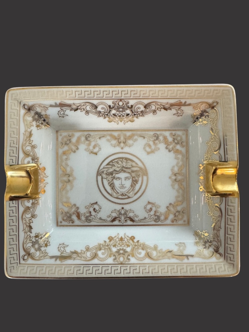 Versace Rosenthal Medusa Ashtray Porcelain Gold Accent Made in Germany Lux Decor